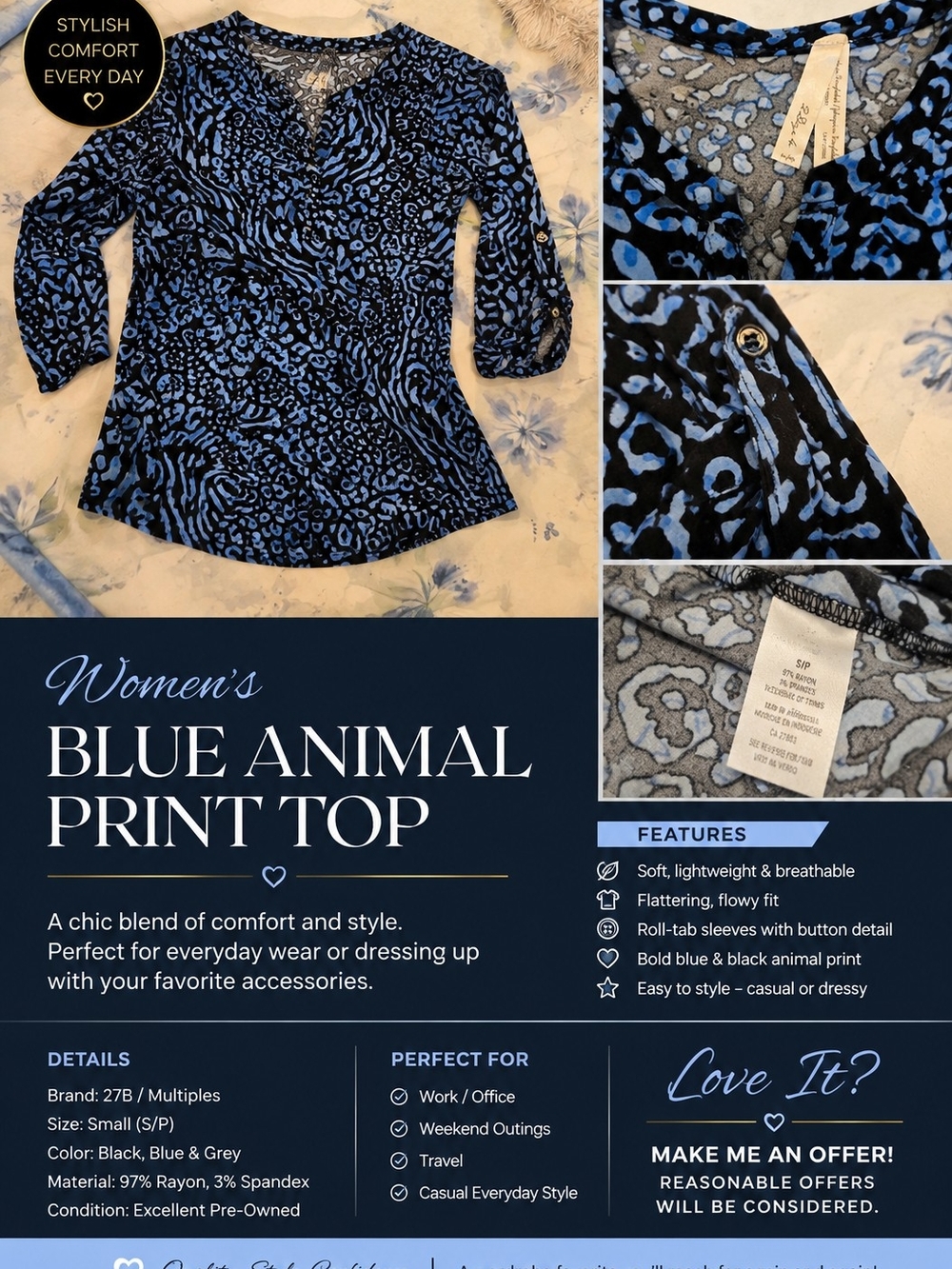 Blue Animal Print Women’s Top - Stylish Flowing Blouse